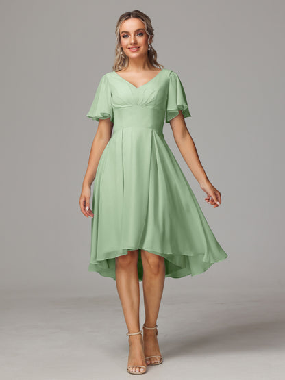 Short Sleeves V Neck Knee Length Chiffon Bridesmaid Dresses