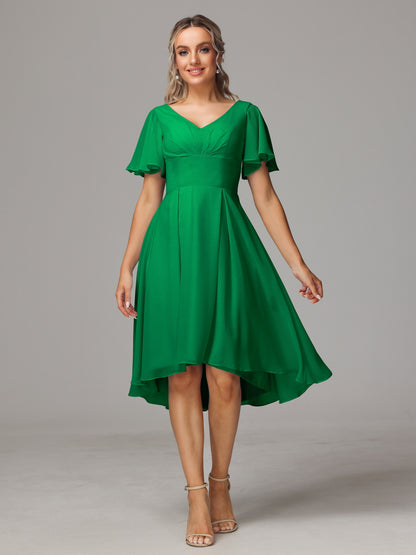 Short Sleeves V Neck Knee Length Chiffon Bridesmaid Dresses
