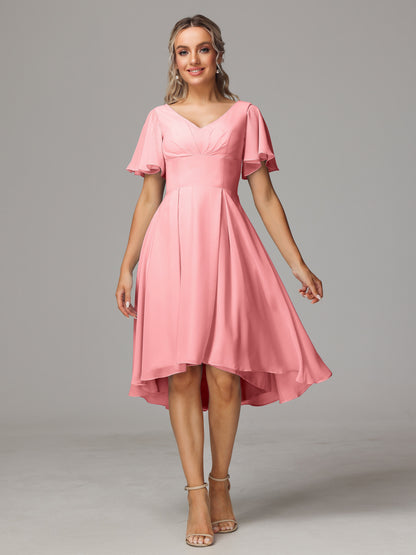 Short Sleeves V Neck Knee Length Chiffon Bridesmaid Dresses