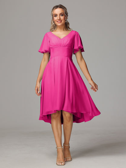 Short Sleeves V Neck Knee Length Chiffon Bridesmaid Dresses