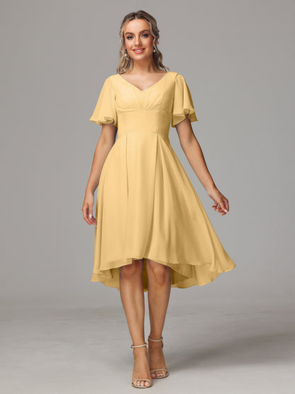 Short Sleeves V Neck Knee Length Chiffon Bridesmaid Dresses