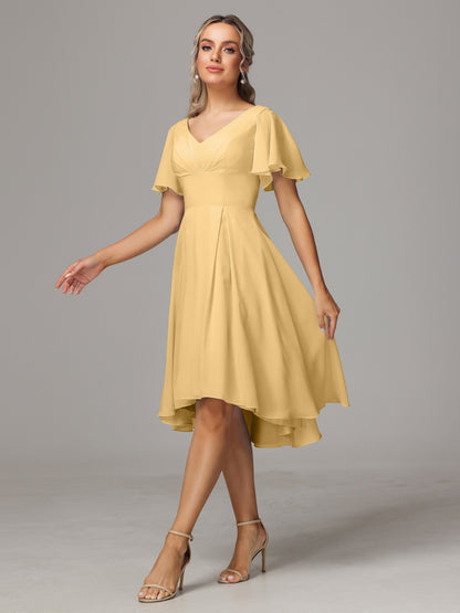 Short Sleeves V Neck Knee Length Chiffon Bridesmaid Dresses