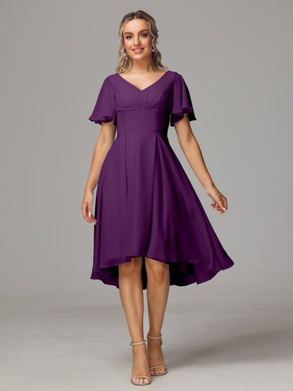 Short Sleeves V Neck Knee Length Chiffon Bridesmaid Dresses