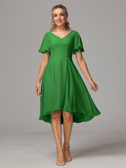 Short Sleeves V Neck Knee Length Chiffon Bridesmaid Dresses