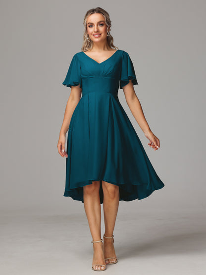 Short Sleeves V Neck Knee Length Chiffon Bridesmaid Dresses
