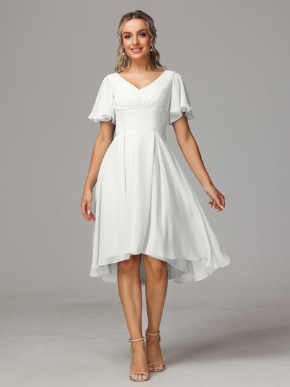 Short Sleeves V Neck Knee Length Chiffon Bridesmaid Dresses
