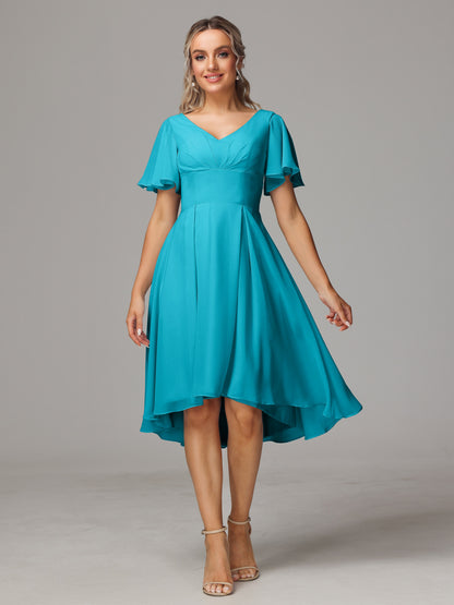Short Sleeves V Neck Knee Length Chiffon Bridesmaid Dresses