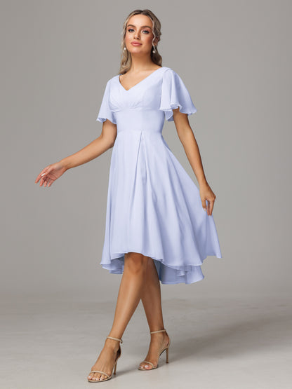 Short Sleeves V Neck Knee Length Chiffon Bridesmaid Dresses