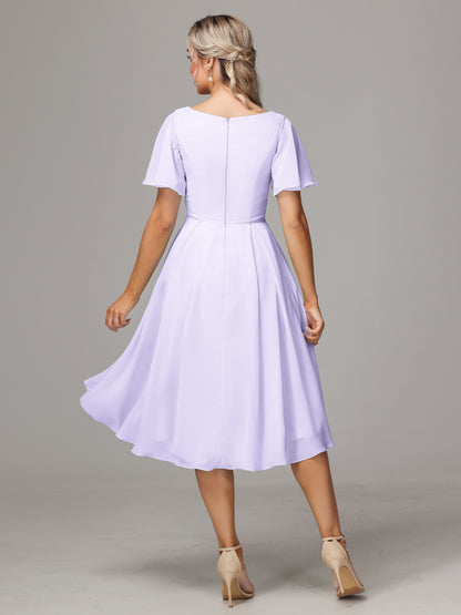 Short Sleeves V Neck Knee Length Chiffon Bridesmaid Dresses