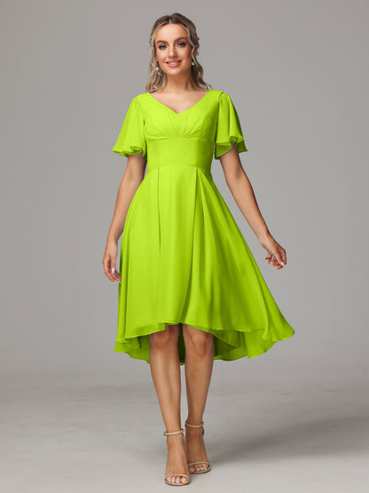 Short Sleeves V Neck Knee Length Chiffon Bridesmaid Dresses