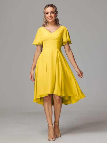 Short Sleeves V Neck Knee Length Chiffon Bridesmaid Dresses