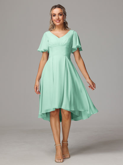 Short Sleeves V Neck Knee Length Chiffon Bridesmaid Dresses
