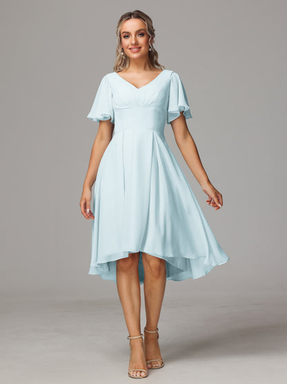 Short Sleeves V Neck Knee Length Chiffon Bridesmaid Dresses