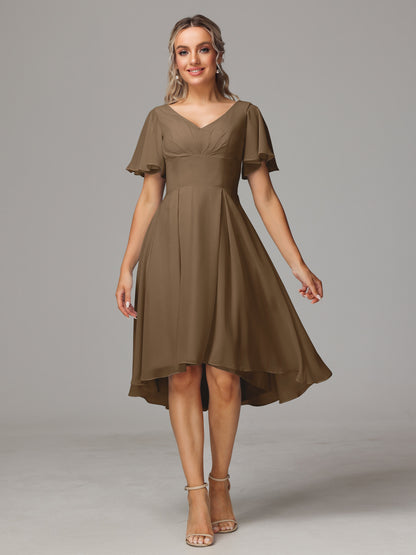 Short Sleeves V Neck Knee Length Chiffon Bridesmaid Dresses