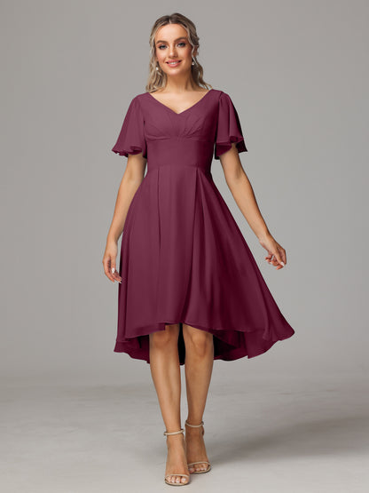 Short Sleeves V Neck Knee Length Chiffon Bridesmaid Dresses