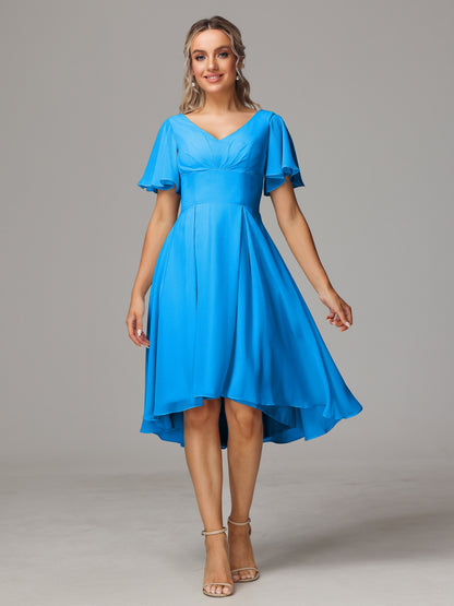Short Sleeves V Neck Knee Length Chiffon Bridesmaid Dresses