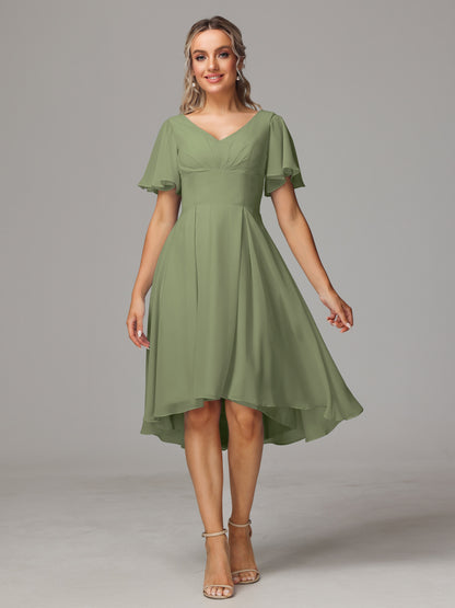 Short Sleeves V Neck Knee Length Chiffon Bridesmaid Dresses
