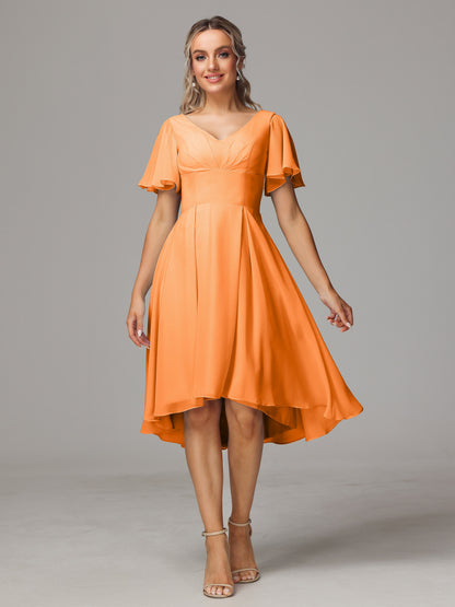Short Sleeves V Neck Knee Length Chiffon Bridesmaid Dresses