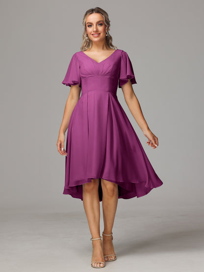 Short Sleeves V Neck Knee Length Chiffon Bridesmaid Dresses