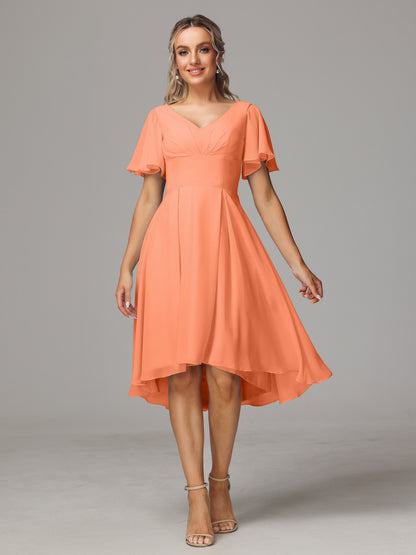 Short Sleeves V Neck Knee Length Chiffon Bridesmaid Dresses