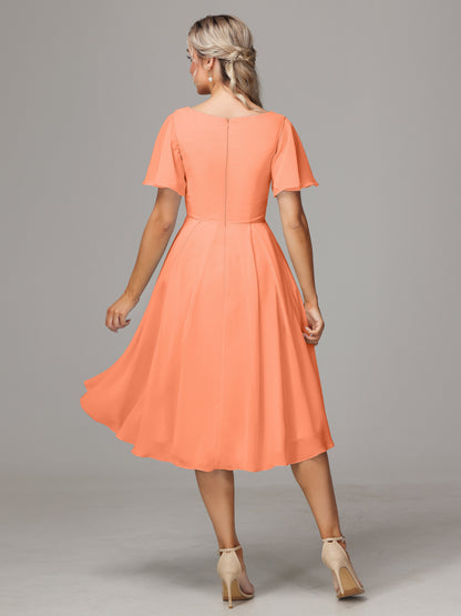 Short Sleeves V Neck Knee Length Chiffon Bridesmaid Dresses