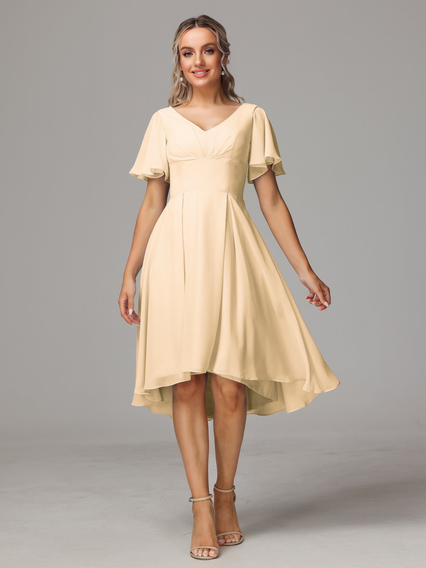 Short Sleeves V Neck Knee Length Chiffon Bridesmaid Dresses