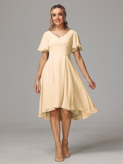 Short Sleeves V Neck Knee Length Chiffon Bridesmaid Dresses