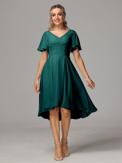 Short Sleeves V Neck Knee Length Chiffon Bridesmaid Dresses