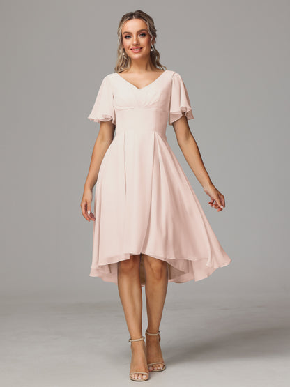Short Sleeves V Neck Knee Length Chiffon Bridesmaid Dresses