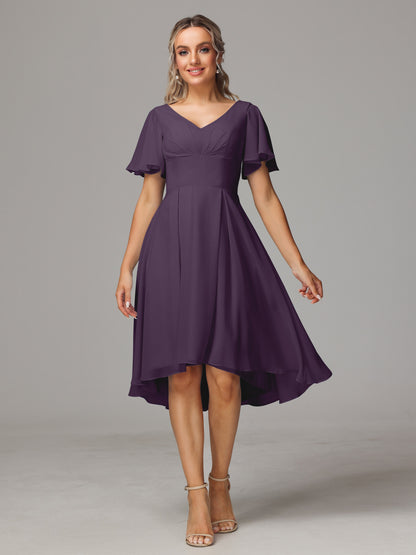 Short Sleeves V Neck Knee Length Chiffon Bridesmaid Dresses