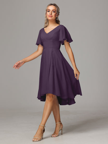 Short Sleeves V Neck Knee Length Chiffon Bridesmaid Dresses