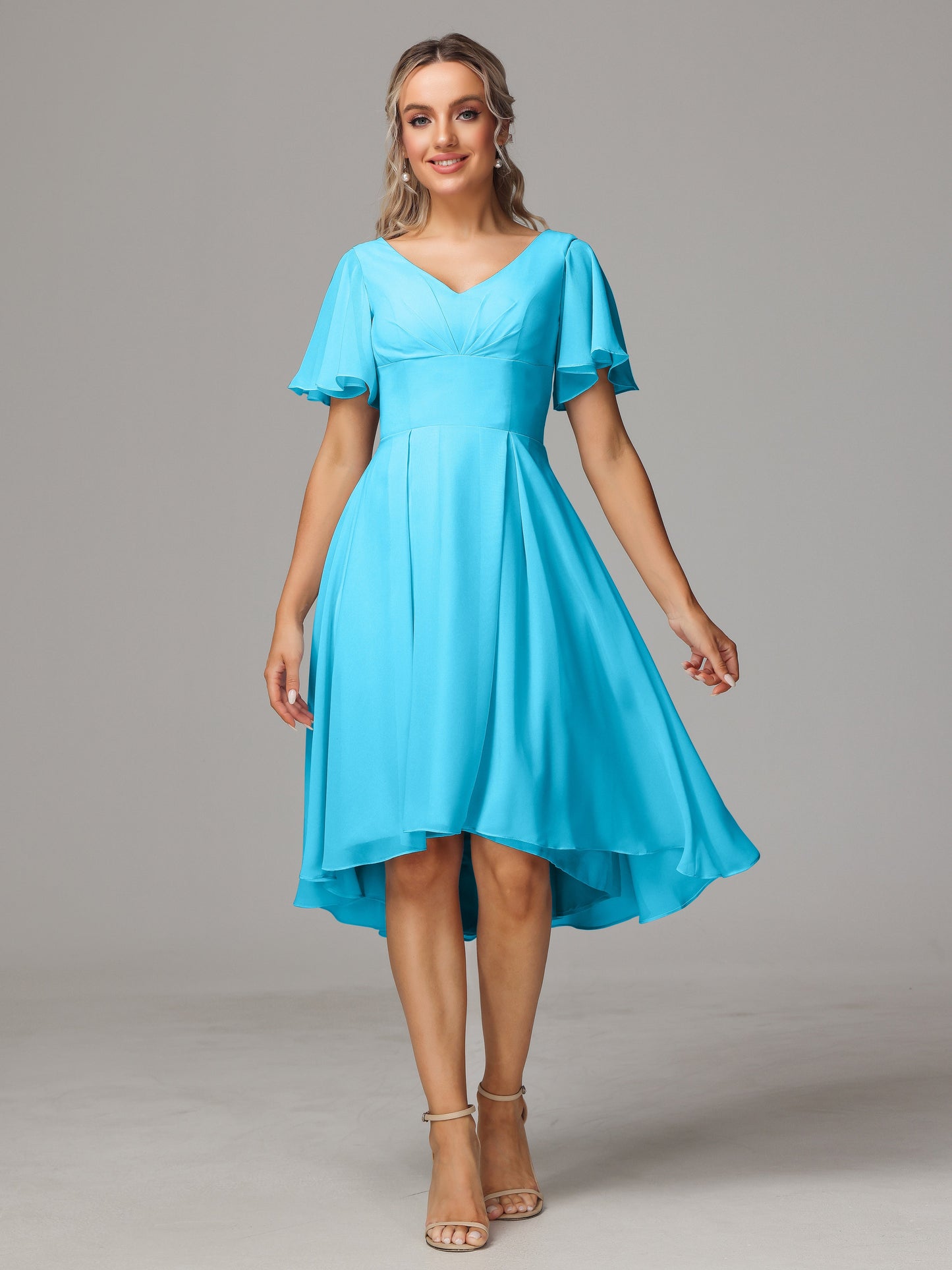 Short Sleeves V Neck Knee Length Chiffon Bridesmaid Dresses