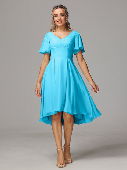 Short Sleeves V Neck Knee Length Chiffon Bridesmaid Dresses