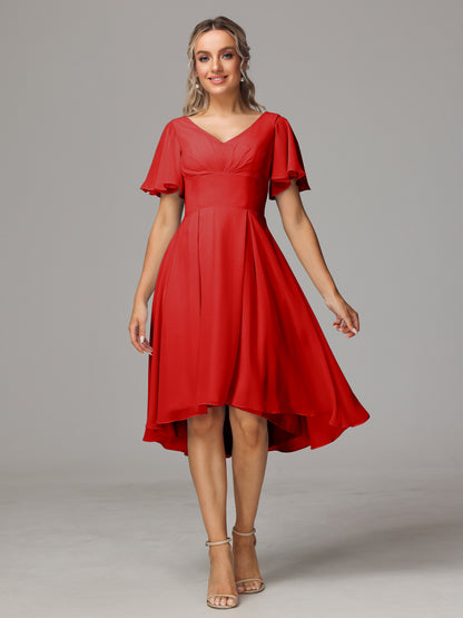 Short Sleeves V Neck Knee Length Chiffon Bridesmaid Dresses
