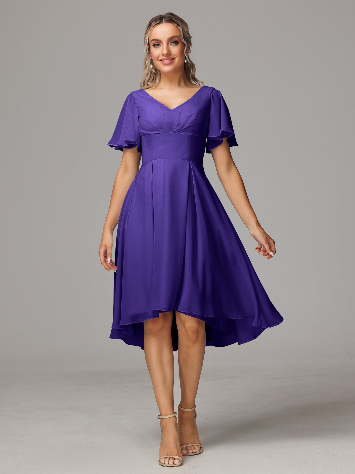 Short Sleeves V Neck Knee Length Chiffon Bridesmaid Dresses