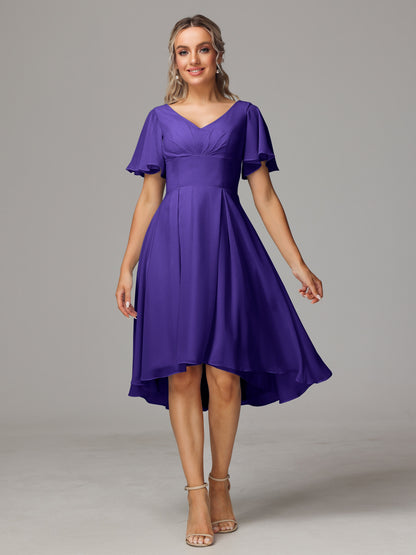 Short Sleeves V Neck Knee Length Chiffon Bridesmaid Dresses