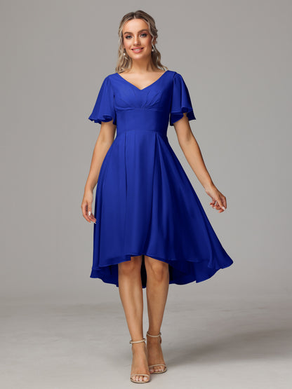 Short Sleeves V Neck Knee Length Chiffon Bridesmaid Dresses