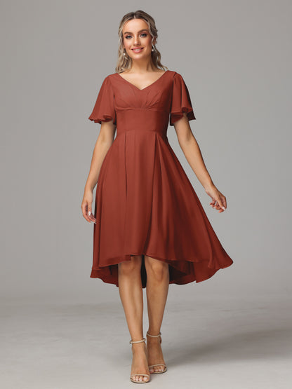 Short Sleeves V Neck Knee Length Chiffon Bridesmaid Dresses