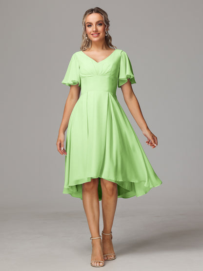 Short Sleeves V Neck Knee Length Chiffon Bridesmaid Dresses