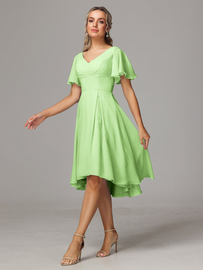 Short Sleeves V Neck Knee Length Chiffon Bridesmaid Dresses