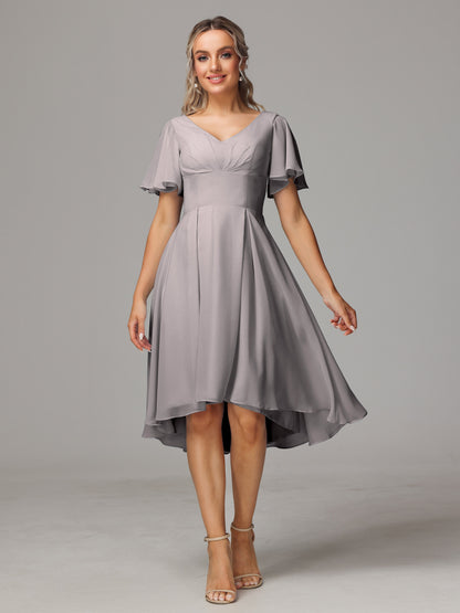 Short Sleeves V Neck Knee Length Chiffon Bridesmaid Dresses
