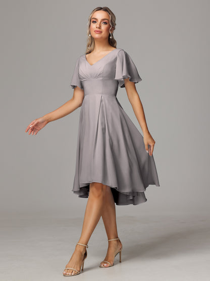 Short Sleeves V Neck Knee Length Chiffon Bridesmaid Dresses