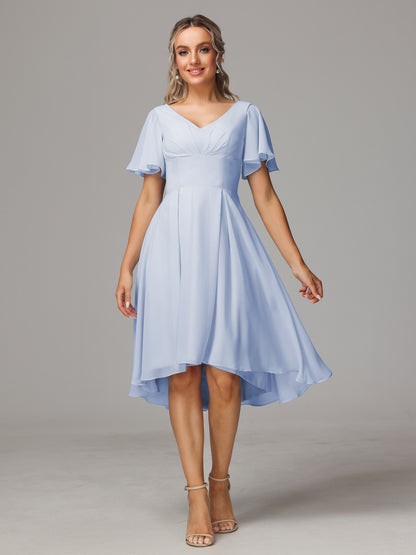 Short Sleeves V Neck Knee Length Chiffon Bridesmaid Dresses