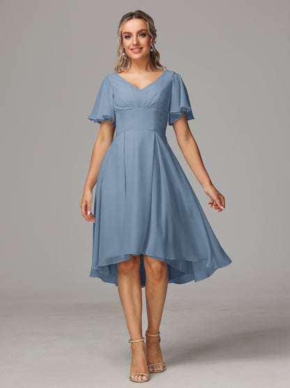 Short Sleeves V Neck Knee Length Chiffon Bridesmaid Dresses