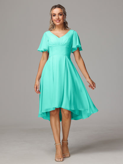 Short Sleeves V Neck Knee Length Chiffon Bridesmaid Dresses