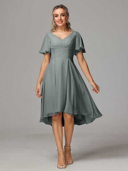 Short Sleeves V Neck Knee Length Chiffon Bridesmaid Dresses