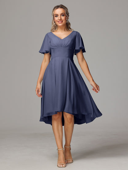 Short Sleeves V Neck Knee Length Chiffon Bridesmaid Dresses