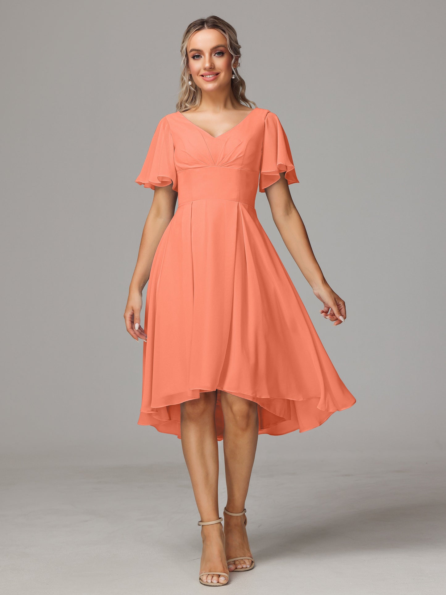 Short Sleeves V Neck Knee Length Chiffon Bridesmaid Dresses