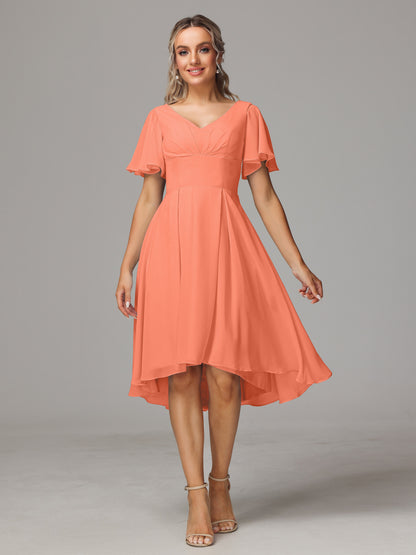 Short Sleeves V Neck Knee Length Chiffon Bridesmaid Dresses