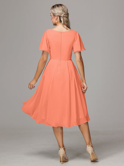 Short Sleeves V Neck Knee Length Chiffon Bridesmaid Dresses